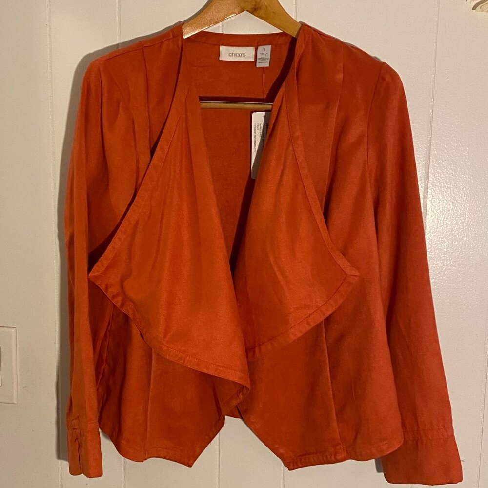 NWT $159 CHICOS 1 Faux Suede Open Cascading Jacket Topper Dark Coral Orange